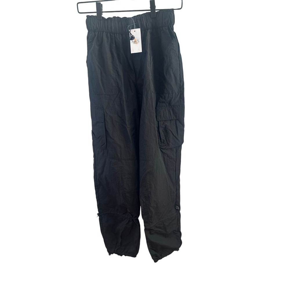 rue21 Womens Mid-Rise Parachute Pants Black Baggy Cargo Nylon Drawstring Small
